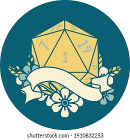 Retro Tattoo Style natural one d20 dice roll