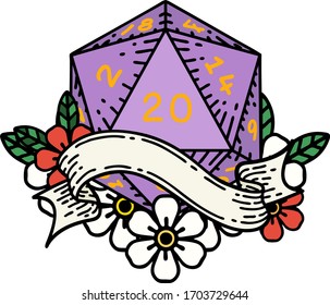 Retro Tattoo Style natural twenty D20 dice roll
