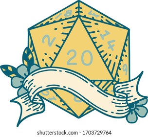 Retro Tattoo Style natural twenty D20 dice roll