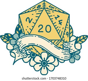 Retro Tattoo Style natural twenty D20 dice roll