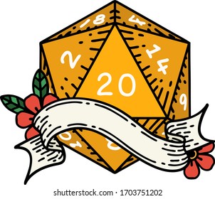 Retro Tattoo Style natural twenty D20 dice roll