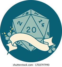 Retro Tattoo Style natural twenty D20 dice roll