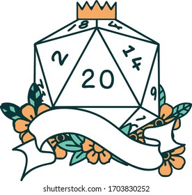 Retro Tattoo Style natural twenty D20 dice roll