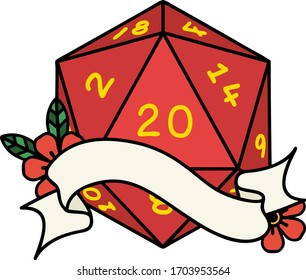 Retro Tattoo Style natural twenty D20 dice roll
