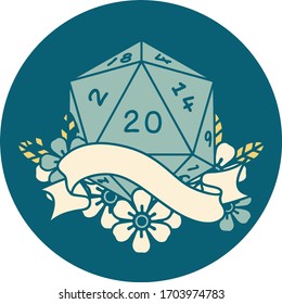 Retro Tattoo Style natural twenty D20 dice roll