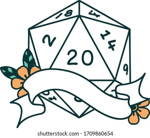 Retro Tattoo Style natural twenty D20 dice roll