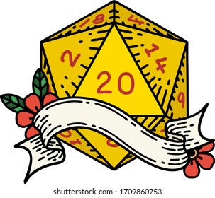 Retro Tattoo Style natural twenty D20 dice roll