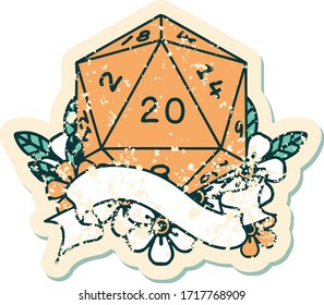 Retro Tattoo Style natural twenty D20 dice roll