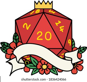 Retro Tattoo Style natural twenty D20 dice roll