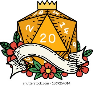Retro Tattoo Style natural twenty D20 dice roll