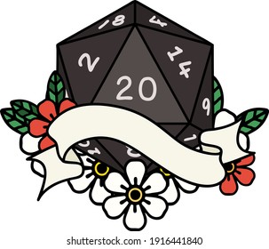 Retro Tattoo Style natural twenty D20 dice roll