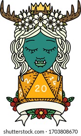 Retro Tattoo Style orc druid character with natural twenty dice roll