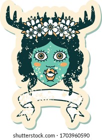 Retro Tattoo Style orc druid character face with banner