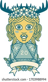 Retro Tattoo Style orc druid character with natural twenty dice roll