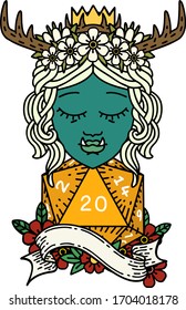 Retro Tattoo Style orc druid character with natural twenty dice roll