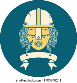 Retro Tattoo Style orc fighter character face with banner