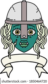 Retro Tattoo Style orc fighter character face with banner