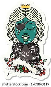 Retro Tattoo Style orc rogue character with natural twenty dice roll