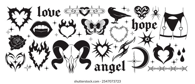 Retro tattoo style. Rock elements, y2k psychedelic stickers design. Rose hearts in fire flames, butterfly, vampire lips and teeth, animal skull racy vector set