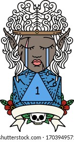 Retro Tattoo Style sad elf barbarian character with natural one roll