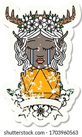 Retro Tattoo Style sad elf druid character face with natural one D20 roll