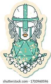 El estilo retro tatuaje triste elfo personaje de combate con un d20 roll natural