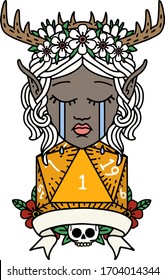 Retro Tattoo Style sad elf druid character face with natural one D20 roll