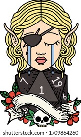 Retro Tattoo Style sad elf rogue character face with natural one d20 roll
