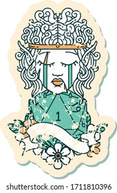 Retro Tattoo Style sad elf barbarian character face with natural one D20 roll