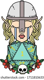 Retro Tattoo Style sad elf fighter character with natural one d20 roll