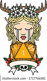 Retro Tattoo Style sad elf druid character face with natural one D20 roll