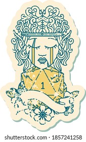 Retro Tattoo Style sad elf barbarian character face with natural one D20 roll