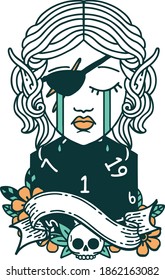 Retro Tattoo Style sad elf rogue character face with natural one d20 roll