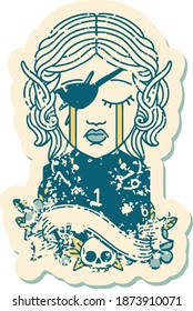 Retro Tattoo Style sad elf rogue character face with natural one d20 roll