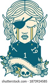 Retro Tattoo Style sad elf rogue character face with natural one d20 roll