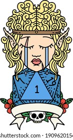 Retro Tattoo Style sad elf barbarian character with natural one roll