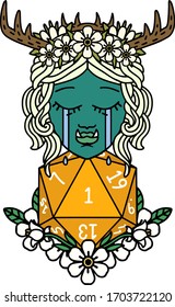 Retro Tattoo Style sad half orc druid character with natural one dice roll