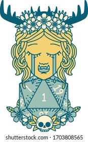 Retro Tattoo Style sad half orc druid character with natural one dice roll