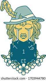 Retro Tattoo Style sad half orc bard character with natural one d20 roll