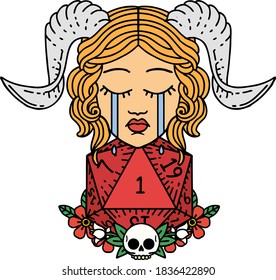 Retro Tattoo Style sad tiefling with natural one d20 dice roll