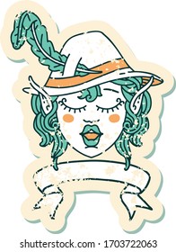 Retro Tattoo Style singing elf bard character face with banner