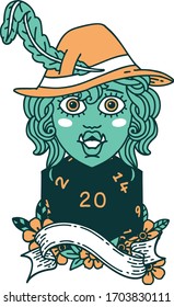 Retro Tattoo Style singing half orc bard with natural twenty dice roll