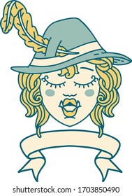 Retro Tattoo Style singing half orc bard character with banner