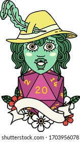 Retro Tattoo Style singing half orc bard character with natural twenty dice roll