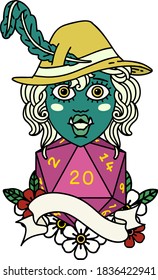 Estilo de tatuagem retrô cantando meio orc personagem bardo com natural vinte rolo de dados