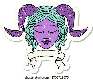 Retro Tattoo Style tiefling character face with scroll banner