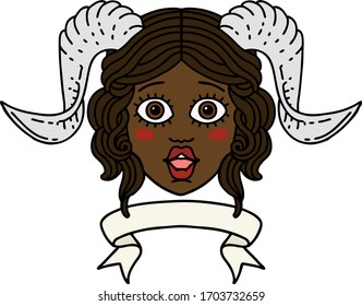 Retro Tattoo Style tiefling character face with scroll banner