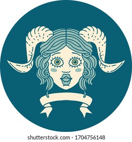 Retro Tattoo Style tiefling character face with scroll banner