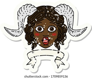 Estilo de tatuagem retro tiefling personagem face com rolagem bandeira