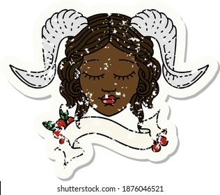 Retro Tattoo Style tiefling character face with scroll banner